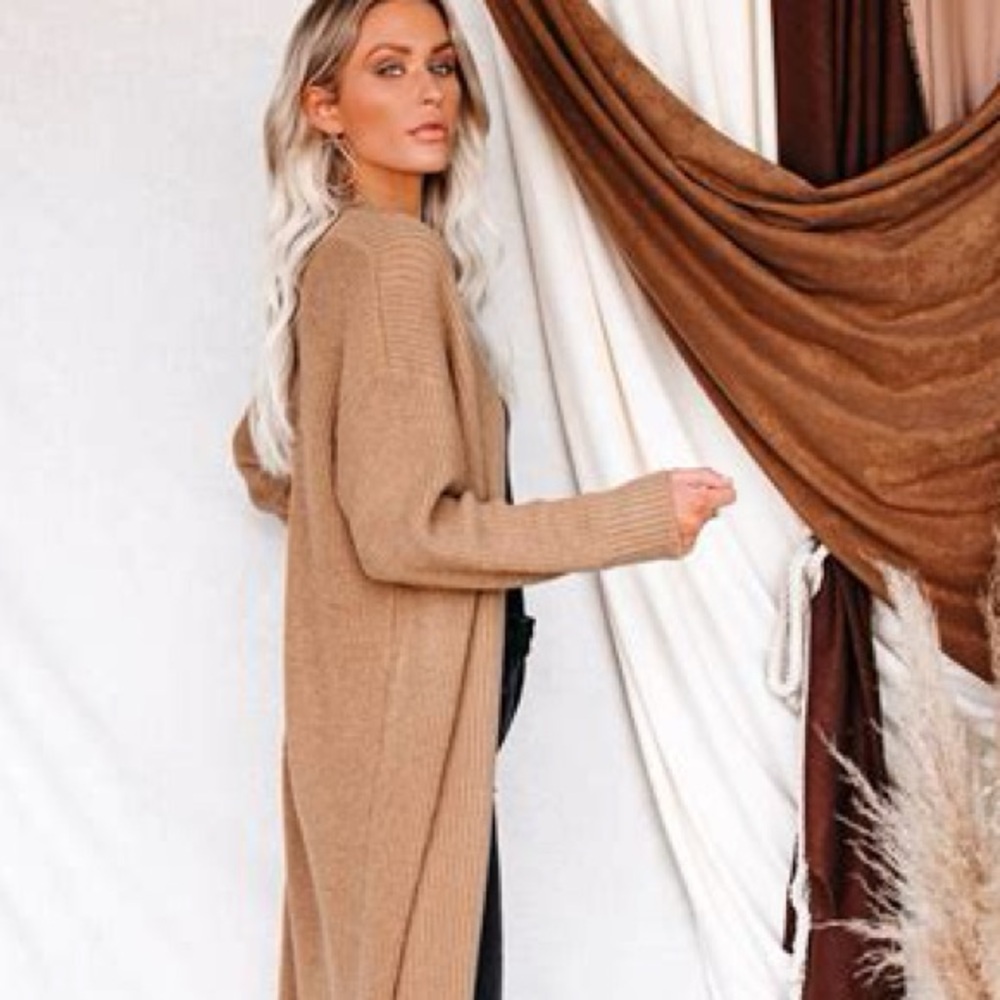 CAbi Abbey Road Knit Long Cardigan Duster Camel Size Small Sweater